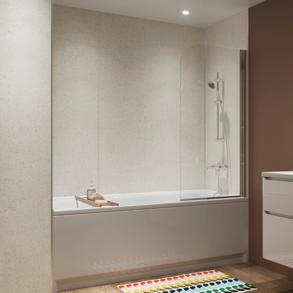 Lifestyle image of the Showerwall Laminate Nuvola Terrazzo 2440mm x 879mm Proclick MDF Wall Panel - SW83 installed behind a straight-edged single ended bathtub